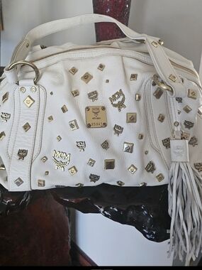 MCM White Leather Studded Satchel with Gold Hardware